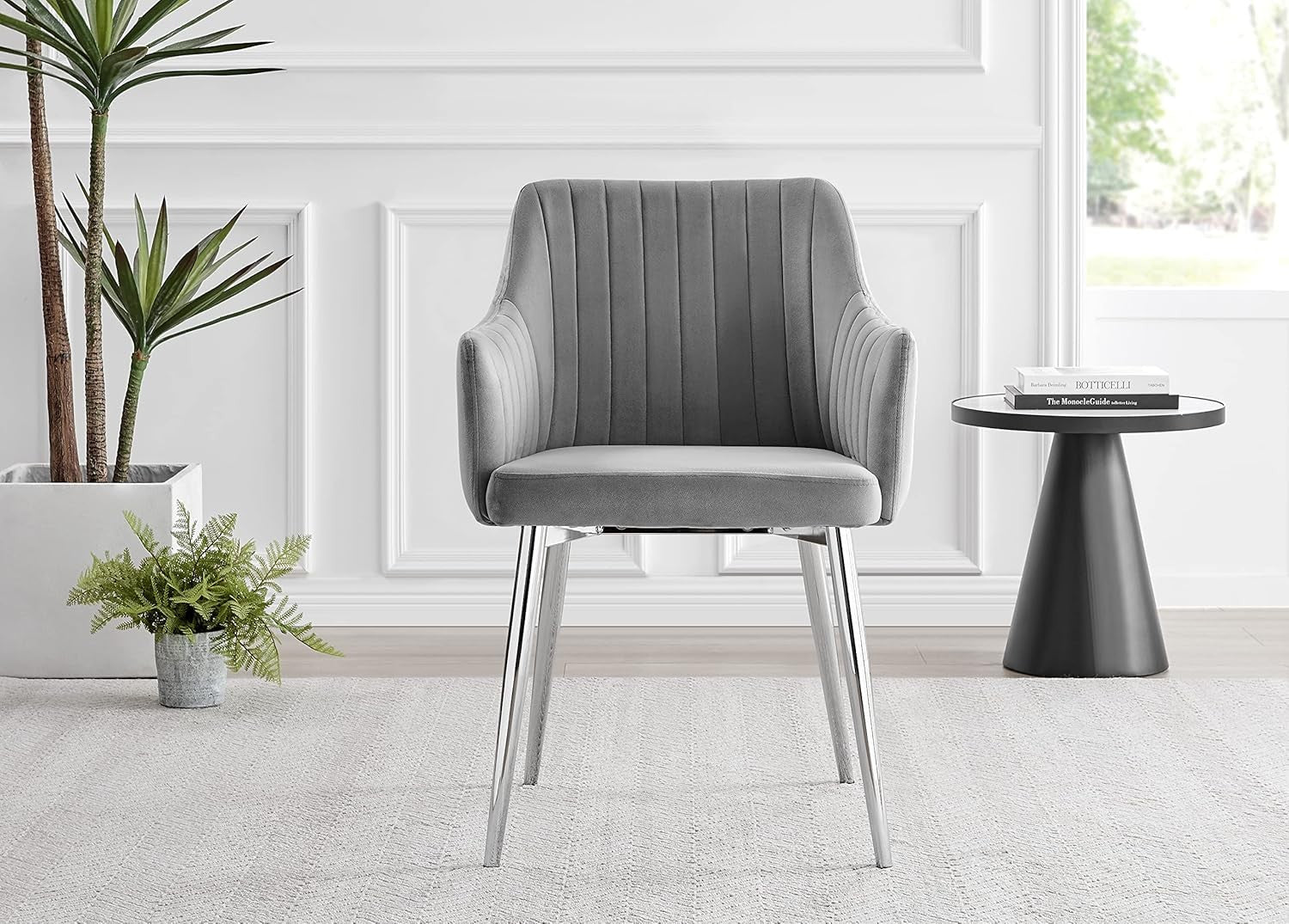 Grey Velvet Dining Chairs Set of 2 High Arm Chrome Legs