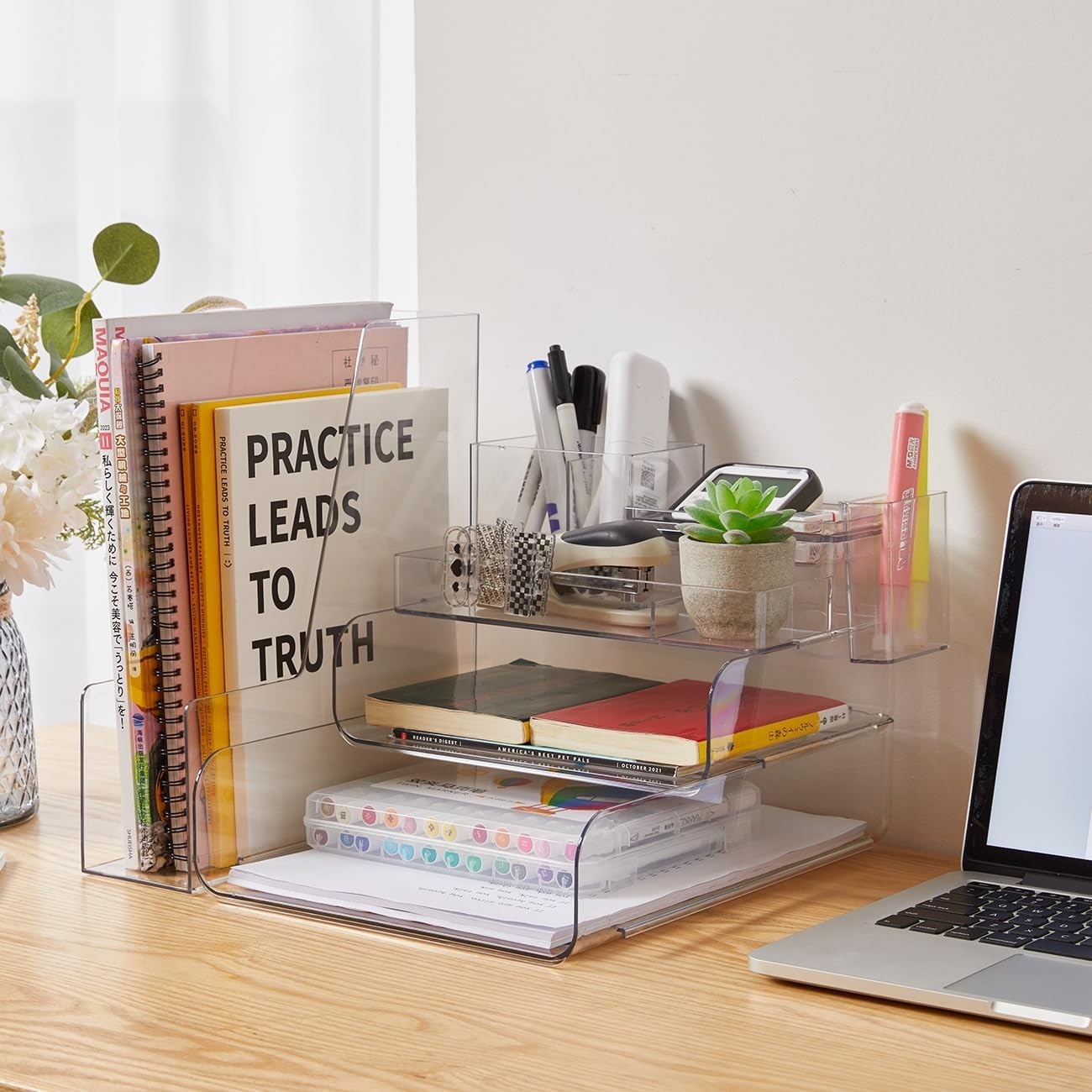 Desk Organizer with Letter Trays & Pen Holder – Stackable Office Storage