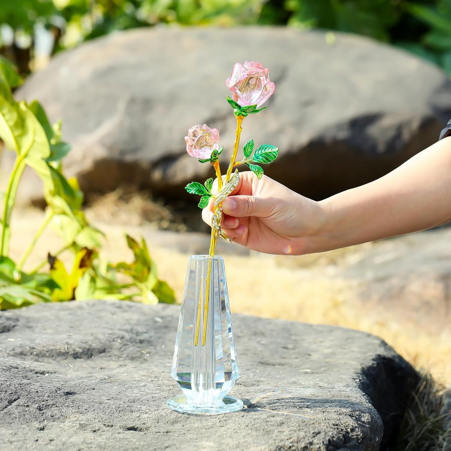 Pink Crystal Rose Figurine with Vase – Luxury Glass Flower Gift Ornament Decor