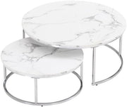 Round Marble Nesting Coffee Table Set 2 Art Deco White Chrome Modern Side Tables