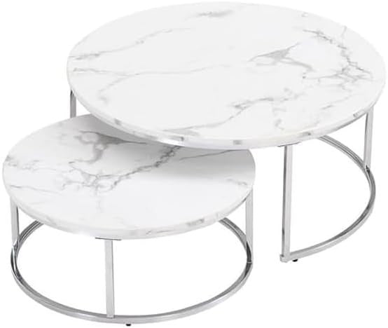 Round Marble Nesting Coffee Table Set 2 Art Deco White Chrome Modern Side Tables