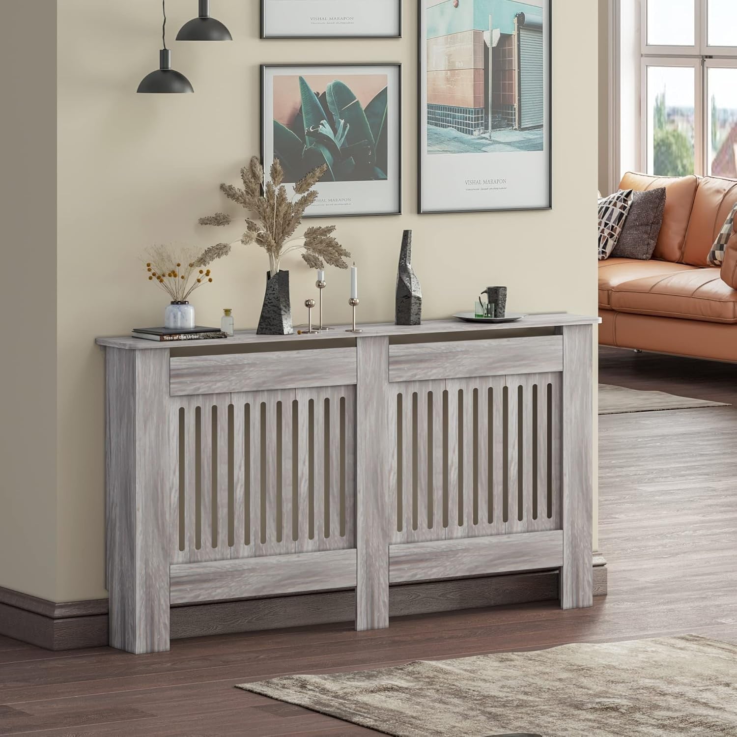 Large Grey Radiator Cover | Modern MDF Vertical Slatted Cabinet
