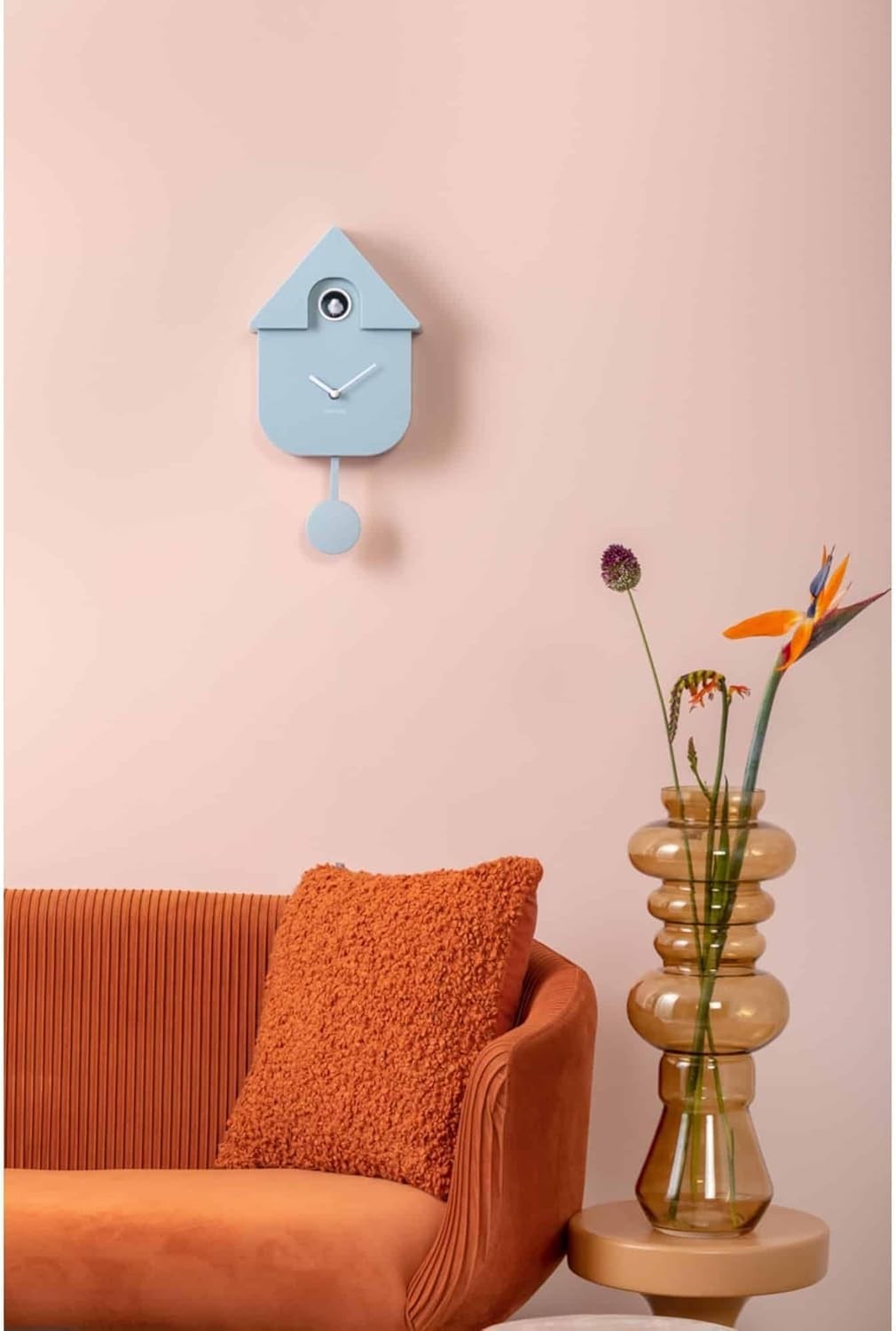 Modern Pendulum Wall Cuckoo Clock | Soft Blue, Hourly Chime, Adjustable Volume