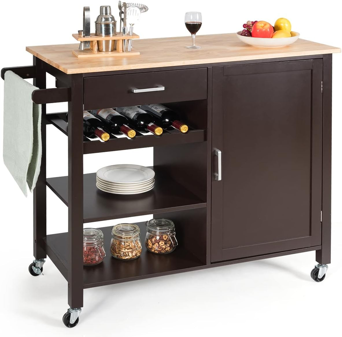 Rolling Kitchen Island Cart with Wine Rack Adjustable Shelf Oak Wood Top