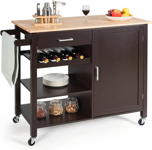 Rolling Kitchen Island Cart with Wine Rack Adjustable Shelf Oak Wood Top