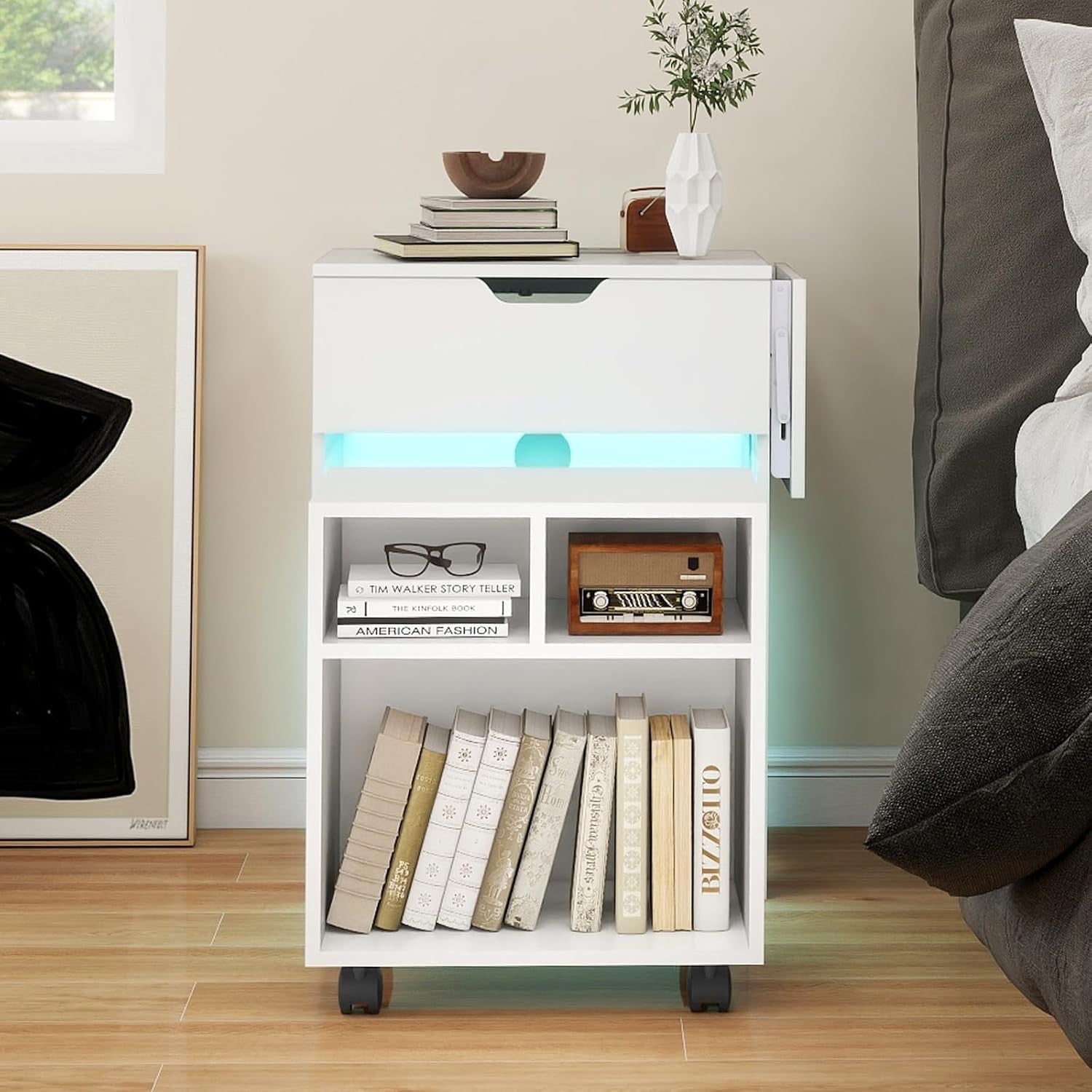 Smart Bedside Table with LED Light & Charging Station Modern Nightstand White