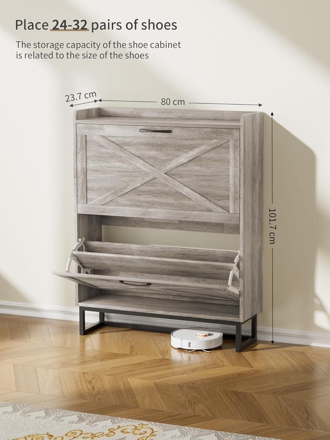 Slim Wooden Shoe Cabinet 2 Drawer Fold Storage Rack – Dustproof Grey Hallway