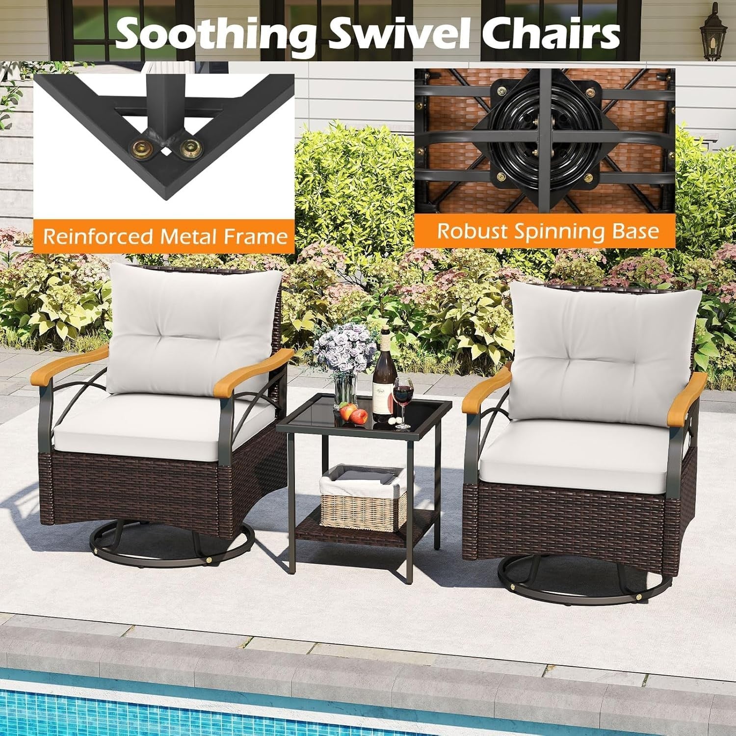 3PC Rattan Swivel Rocking Chairs Bistro Set Patio Garden Table Cushions
