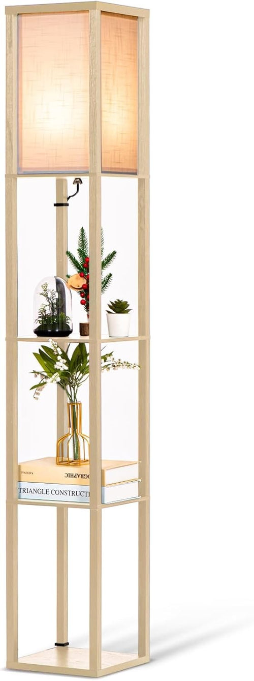 Floor Lamp With Shelves LED Wooden Storage Standing Light Living Room Bedroom