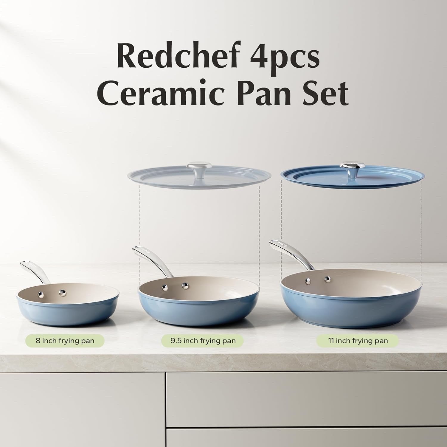 4Pcs Blue Ceramic Non Stick Frying Pan Set 20 24 28cm with Lid Oven Safe