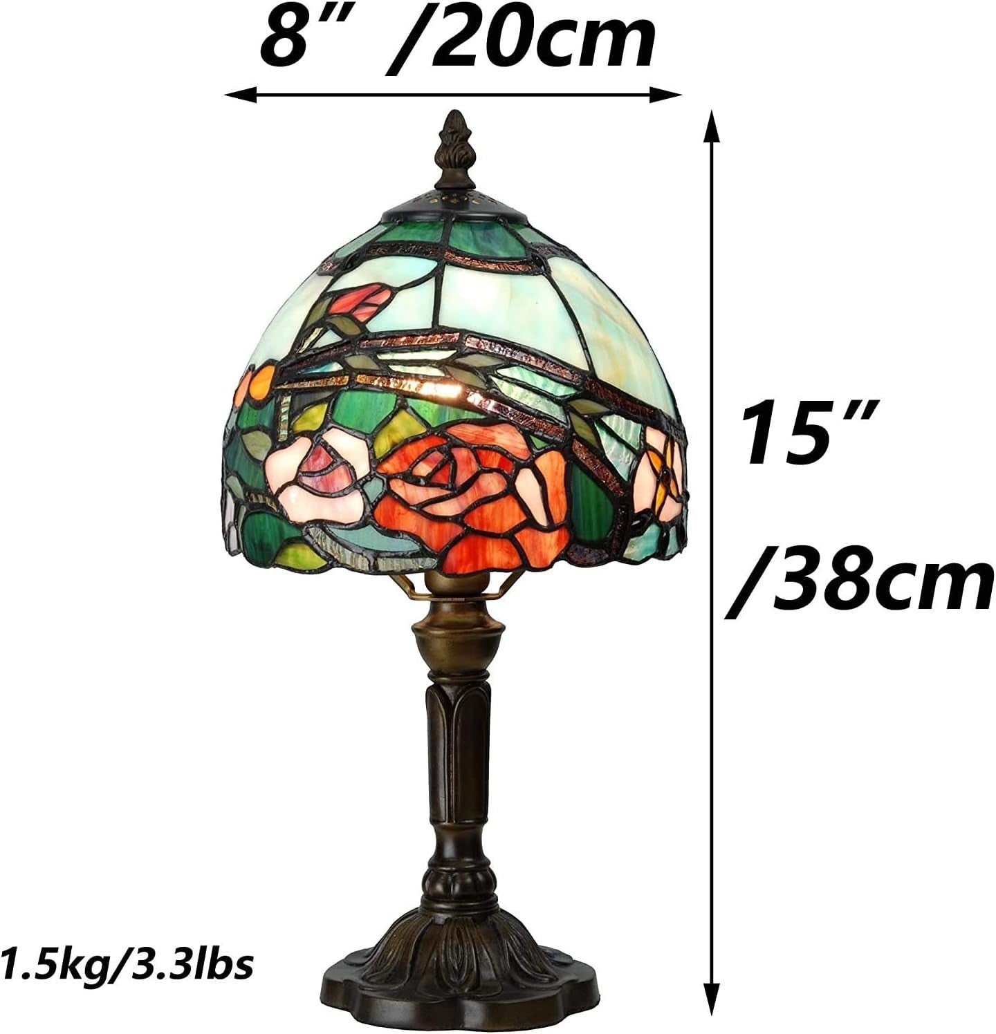 Tiffany Style Rose Glass Table Lamp 15" Tall Vintage Bedside Light E14