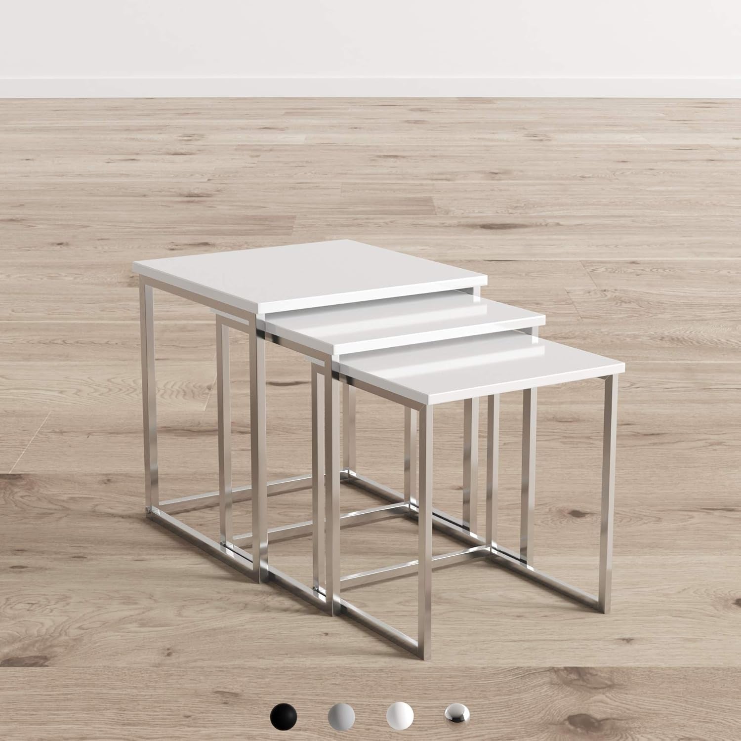 High Gloss White Square Nesting Table Set of 3 Chrome Legs Modern Coffee Side