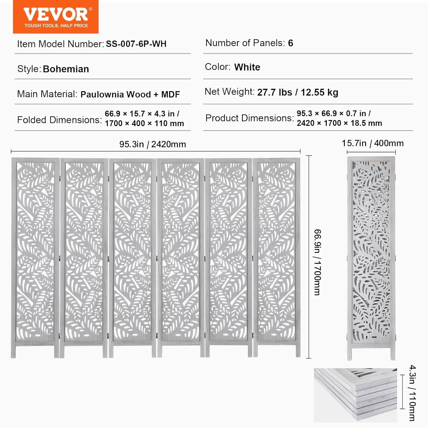 6 Panel White Folding Room Divider Carved Wood Privacy Screen 242x171cm