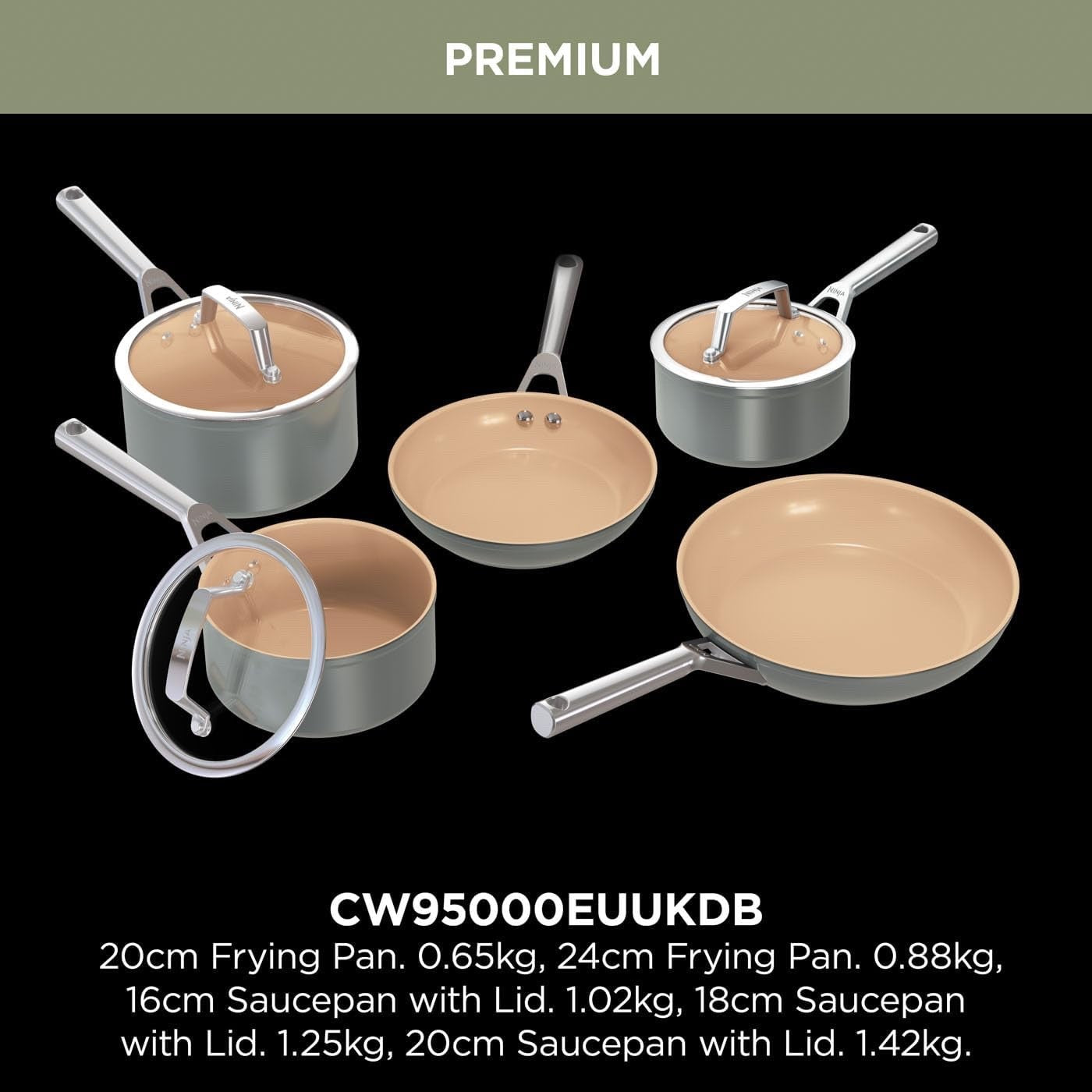 5Pcs Ceramic Terracotta & Grey Non Stick Frying Pans Saucepan Cookware Set