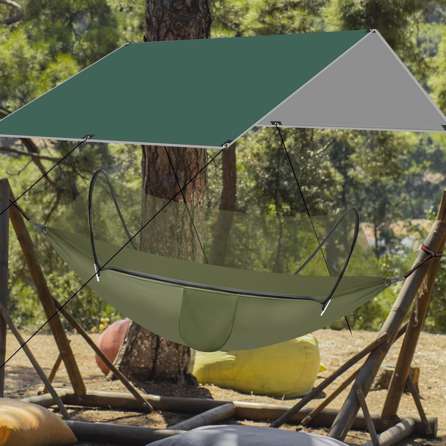 Camping Hammock with Mosquito Net & Rainfly | Waterproof Portable 3-in-1 Setup