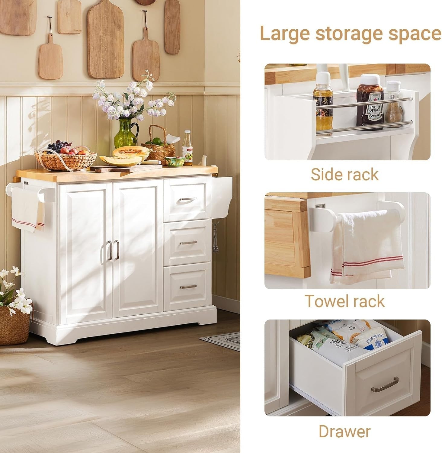 Extendable Kitchen Island on Wheels with Rubber Wood Worktop & Storage