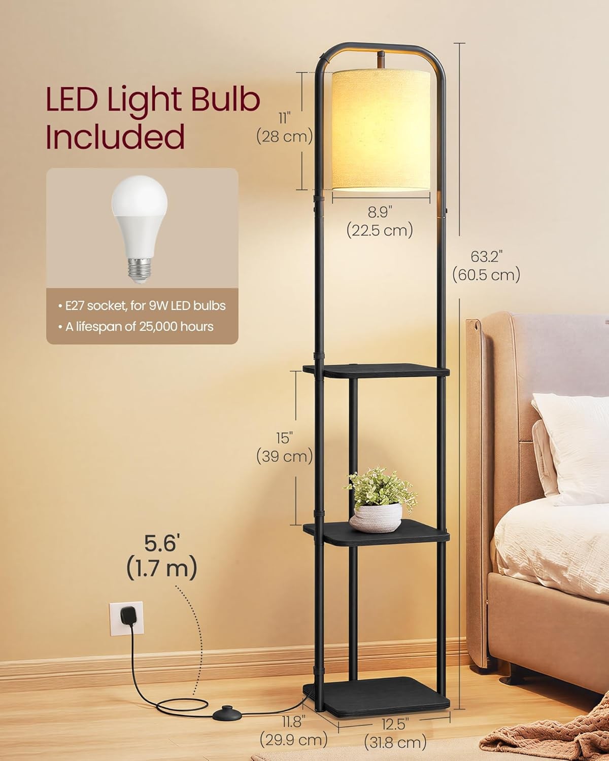 Floor Lamp with Shelves Storage Foot Switch Fabric Shade Modern Standing Light
