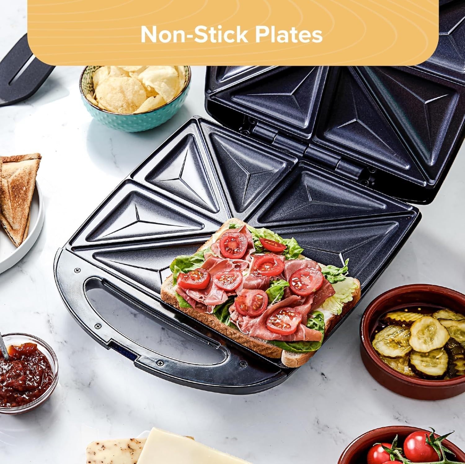 4 Portion Quad Sandwich Toaster Non-Stick, Auto Temp Control, Easy Clean