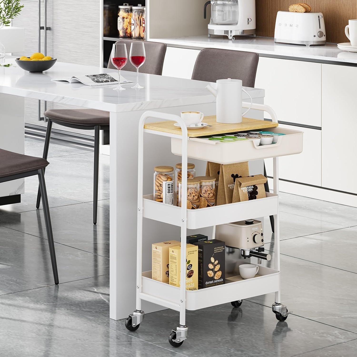 3 Tier Storage Trolley on Wheels with Drawer Wooden Top Kitchen Organizer