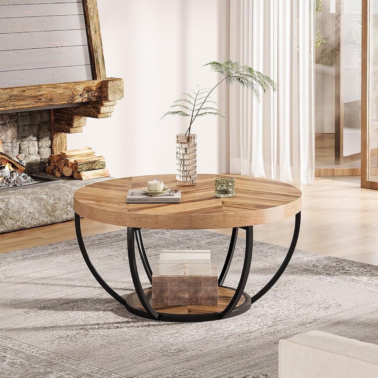 Round 2-Tier Coffee Table with Storage Shelves, Wooden Grain, 80x45cm