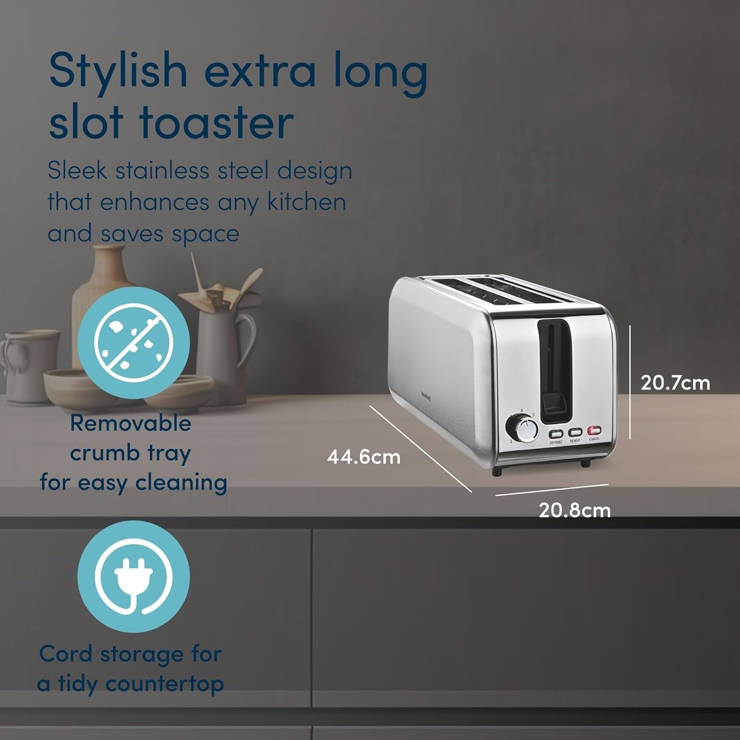 4 Slice Long Slot Toaster Stainless Steel Wide Slot Adjustable Browning