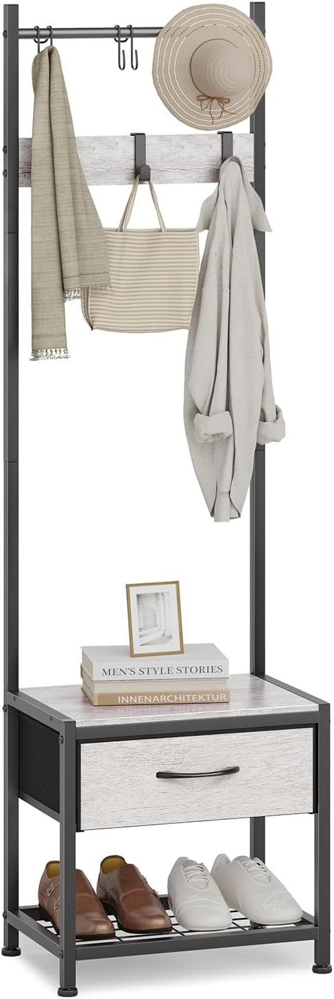 Narrow Coat Rack with Drawer & Shoe Bench | Greige Industrial Hall Stand