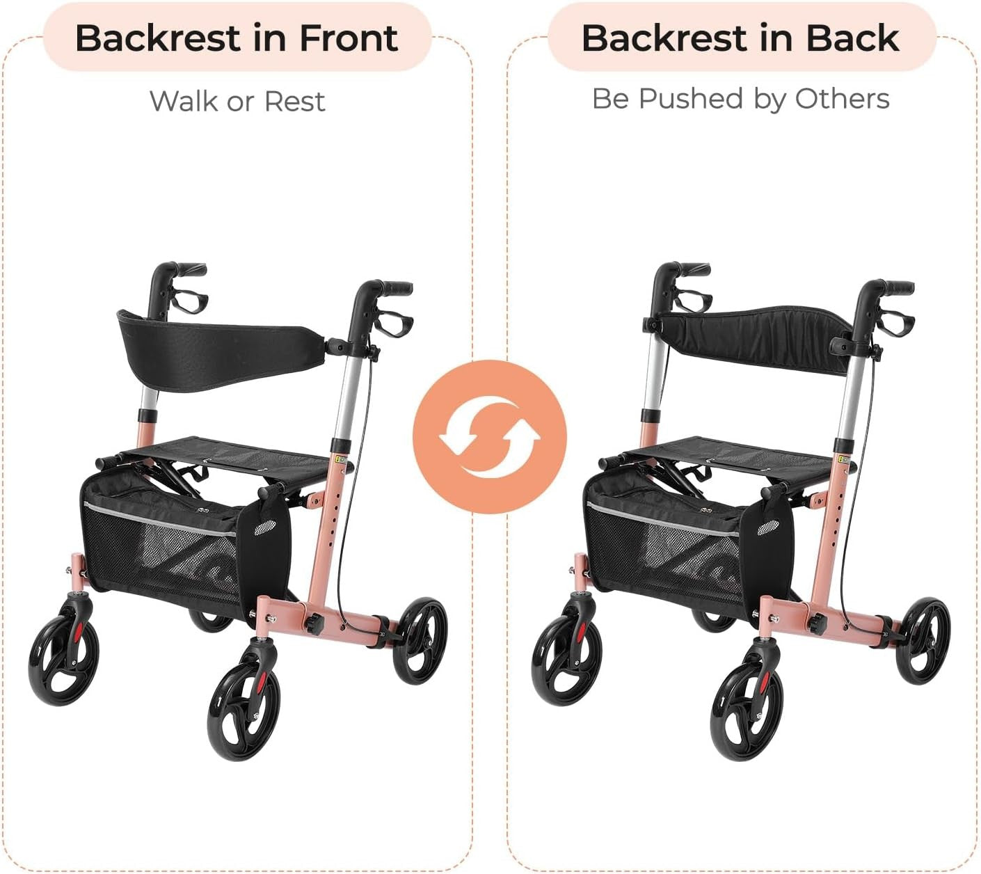 Lightweight Folding Rollator Walker 4 Wheel Seat Bag 300lb Pink