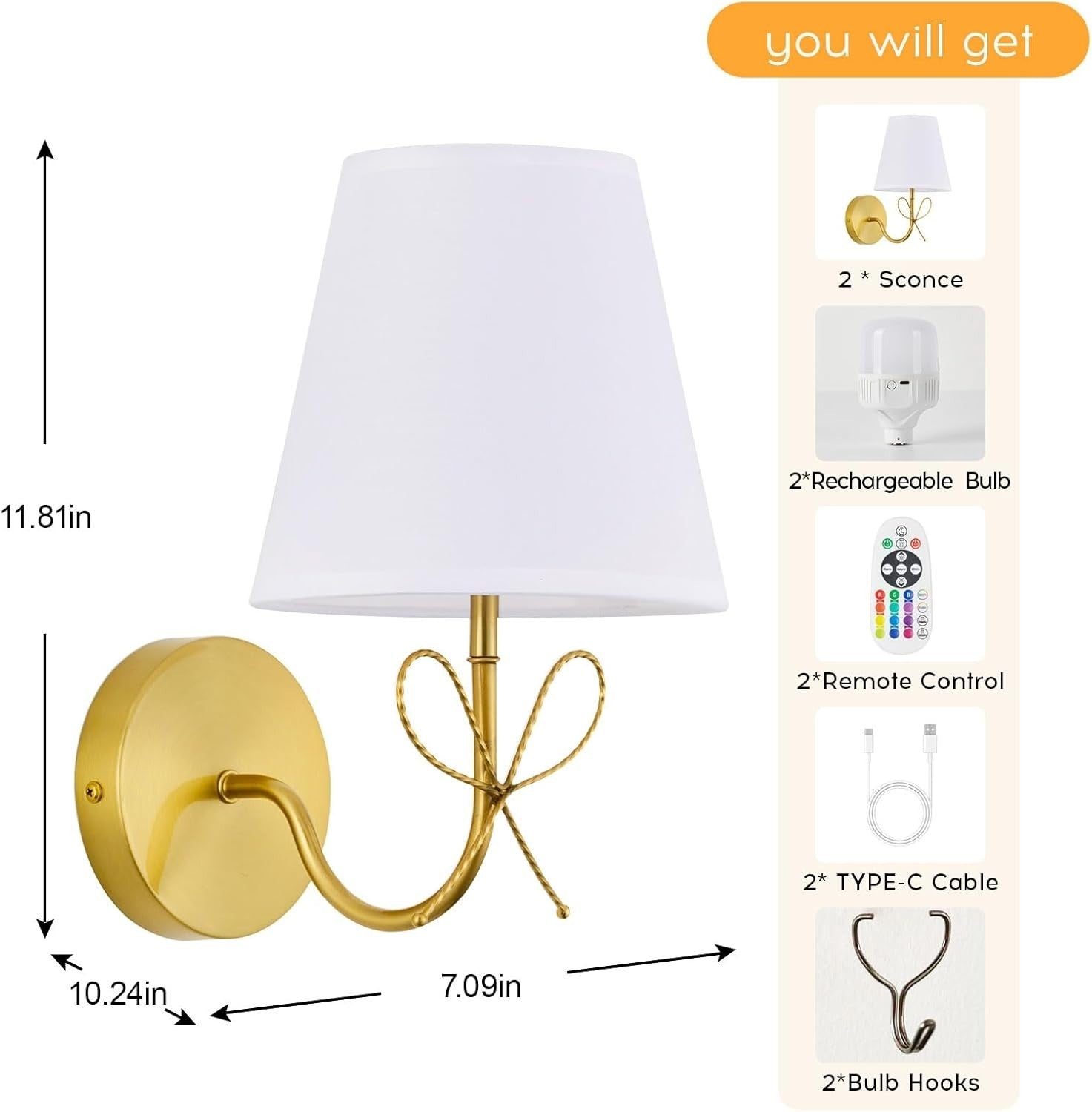 Wireless Gold Wall Lights Set of 2, Rechargeable, 15 Colour Modes + Remote