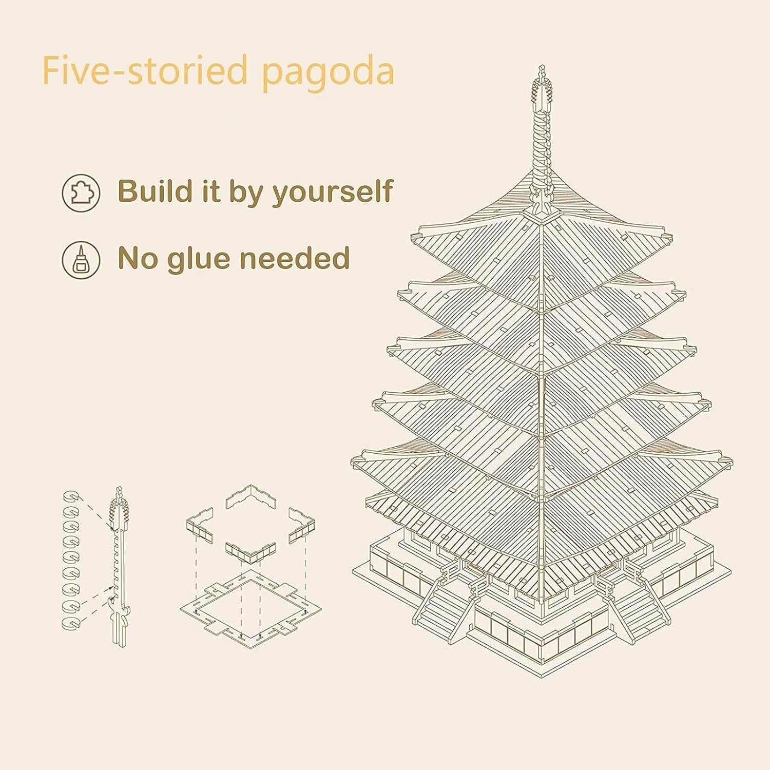 5-Story Wooden Pagoda 3D Puzzle DIY Model Kit - Fun & Educational Gift
