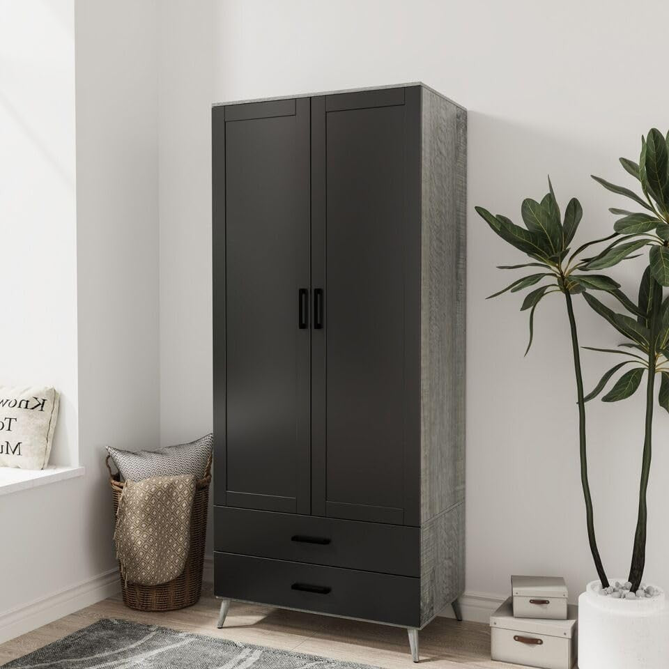 Black 2 Door Wardrobe with Drawers & Rail – Tall Bedroom Storage Unit