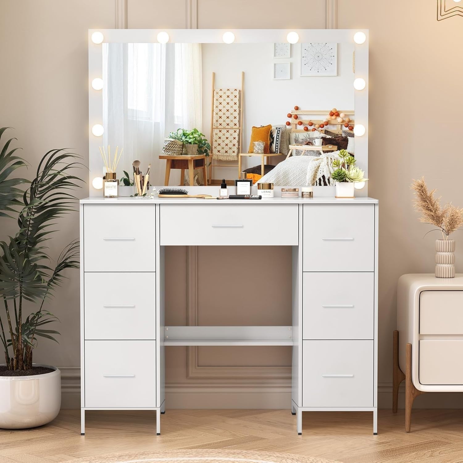 White Vanity Dressing Table with 11 LED Light Mirror, 7 Drawers, Modern Style