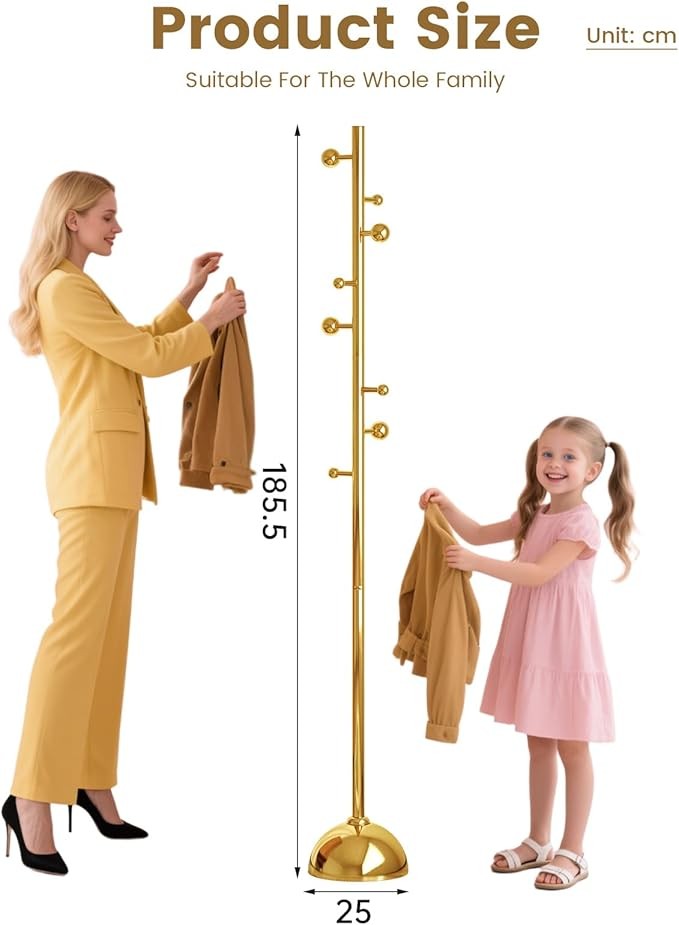 Gold Freestanding Metal Coat Rack | 8 Hooks Modern Floor Stand with Weighted
