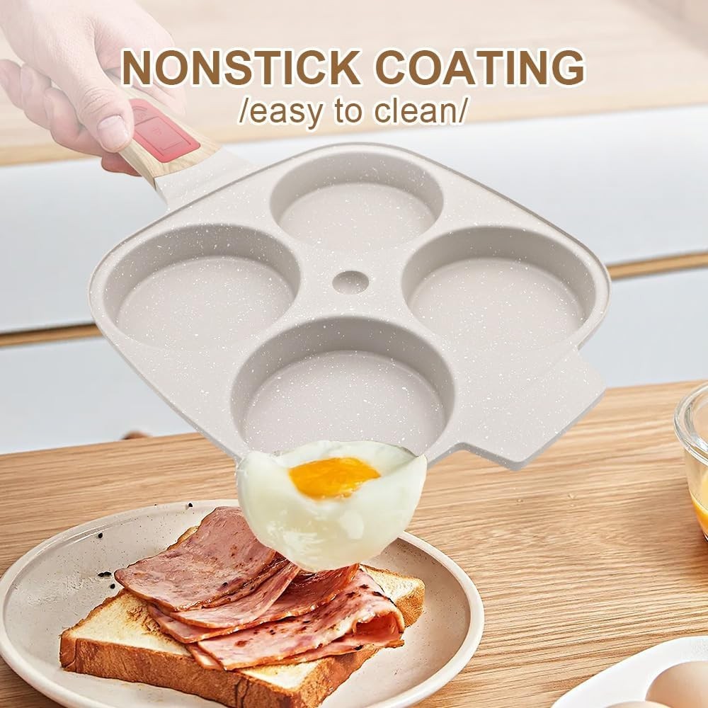 4-Cup Egg Pan Non-Stick Pancake Skillet w/ Lid & Detachable Handle White