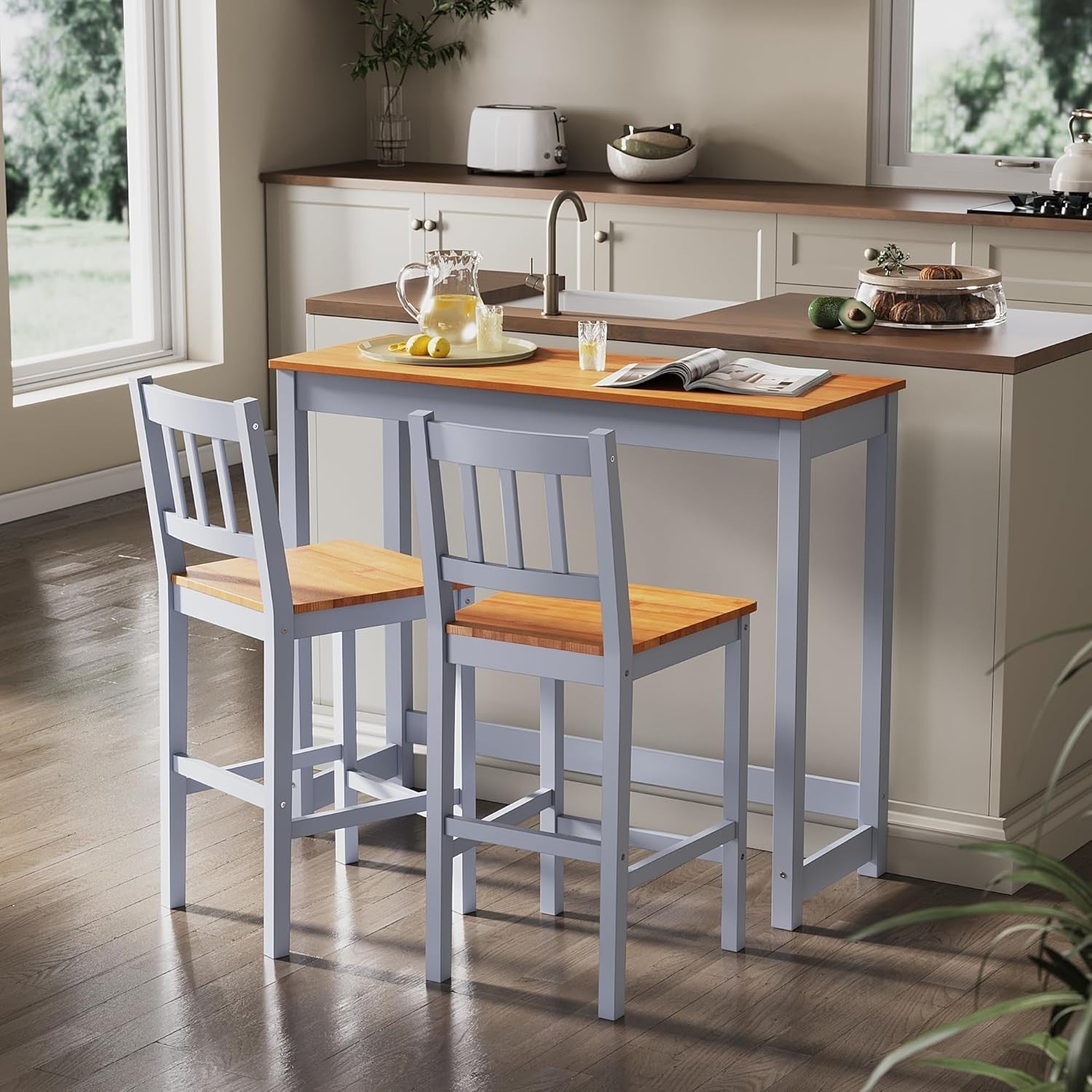 Solid Pine Wood Bar Table Set with 2 Stools | Compact Kitchen & Dining