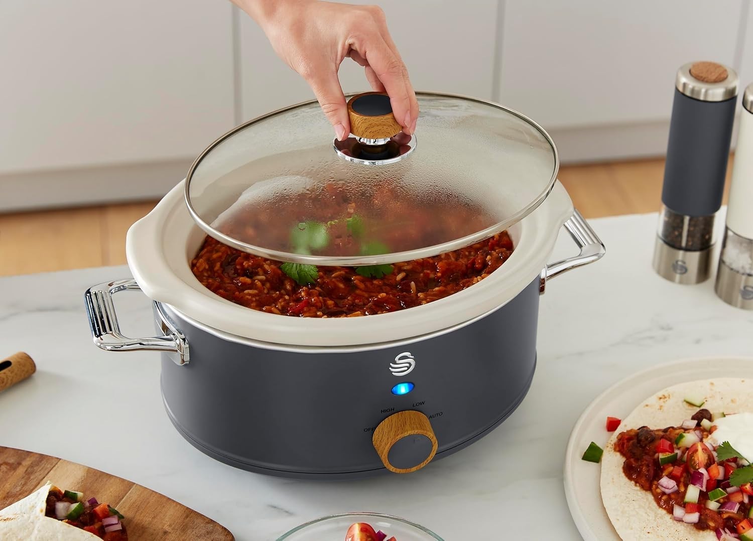3.5L Ceramic Slow Cooker 3 Temp Settings Warm Function Non-Stick Pot Grey