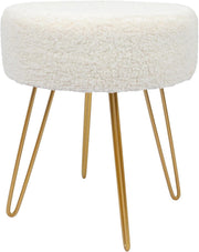 Cream Boucle Round Footstool with Gold Legs – Modern Vanity Pouffe Seat