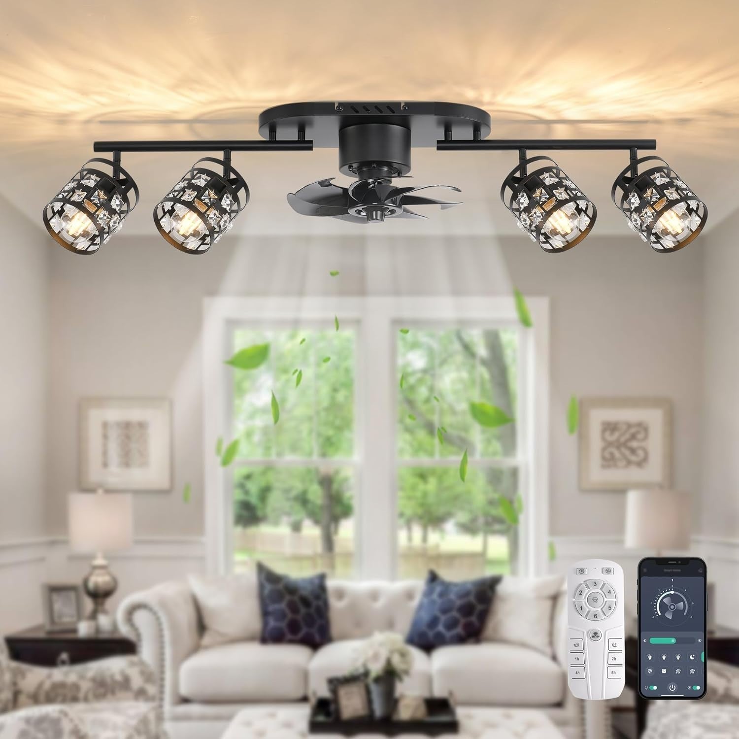100cm K9 Crystal Ceiling Fan Light, 6-Speed, APP & Remote, Black