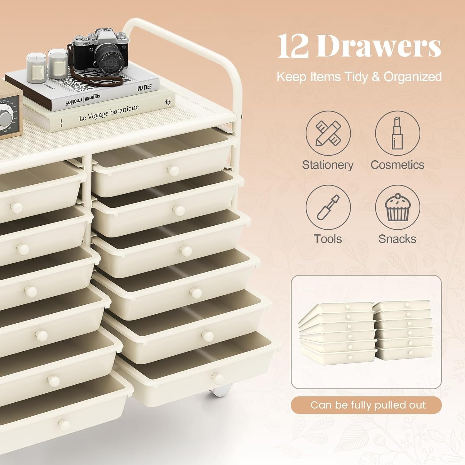 12 Drawer Rolling Storage Cart White Utility Trolley Organizer Wheels