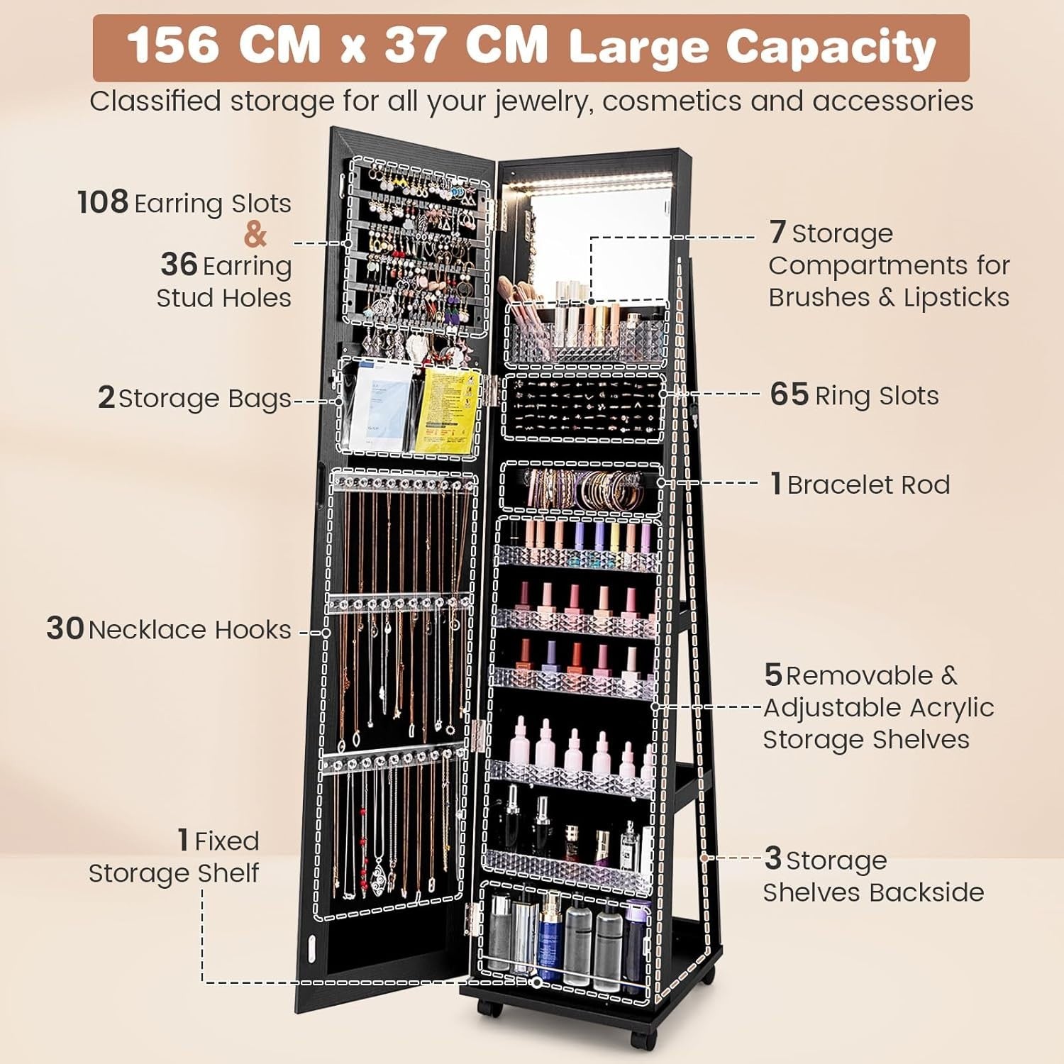 360° Swivel Jewelry Armoire LED Mirror Lockable Storage on Wheels Black