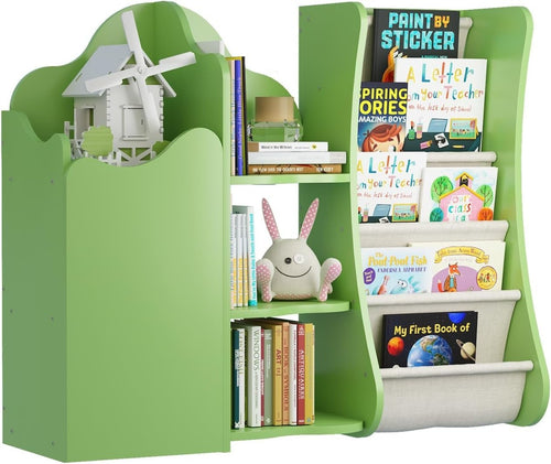 Kids Wooden Bookshelf & Toy Storage Organizer with 5 Sling Pockets & Doors