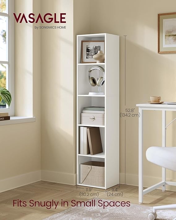 5-Tier White Bookshelf Tall Slim Storage Unit Narrow Shelving for Home Office