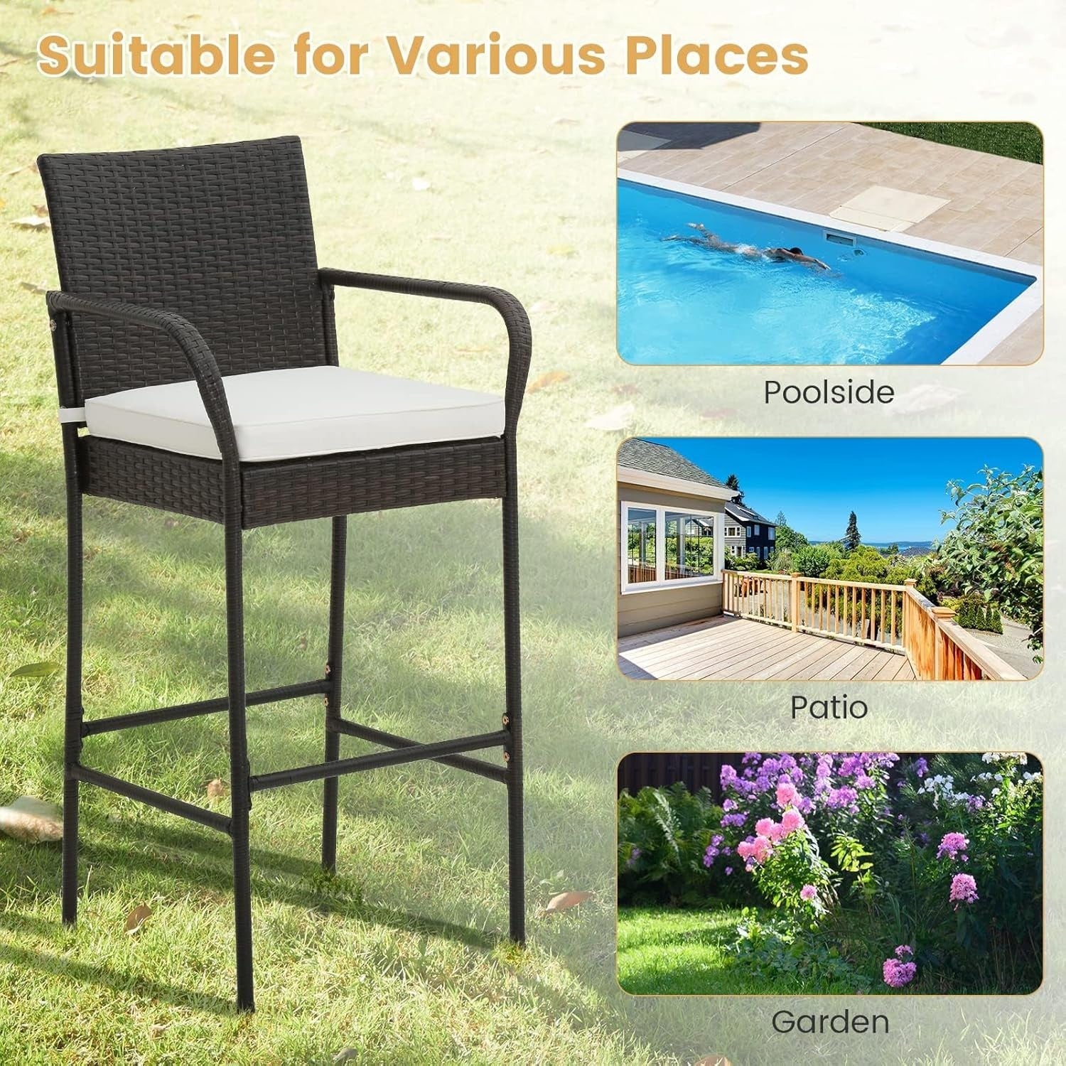 Rattan Bar Stools Set of 4 High Back Counter Chairs Cushions Footrest