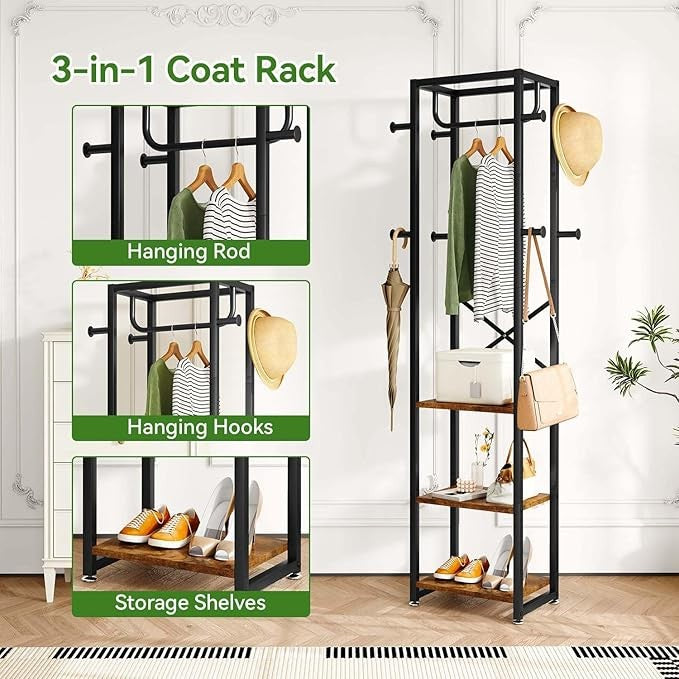 Freestanding Coat Rack with Shelves & Hooks | Industrial Entryway Organizer