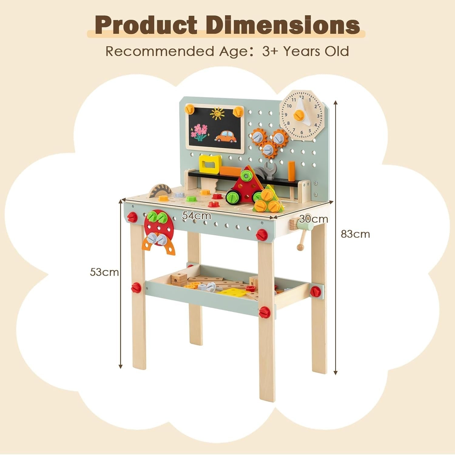 Wooden Kids Workbench Tool Set w/ Blackboard Clock Storage Shelf 54x30