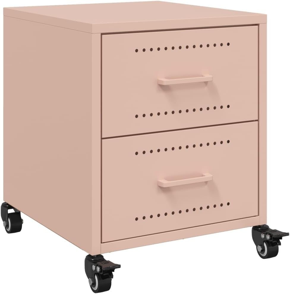 Set of 2 Pink Metal Bedside Tables with Drawers & Wheels | Modern