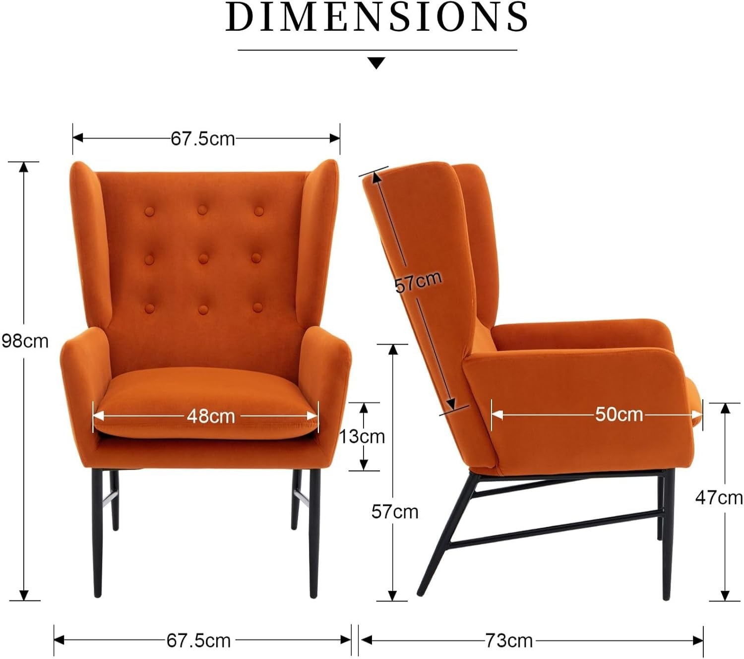 Orange Velvet Accent Armchair Tufted Back Lounge Chair Metal Legs Modern Seat