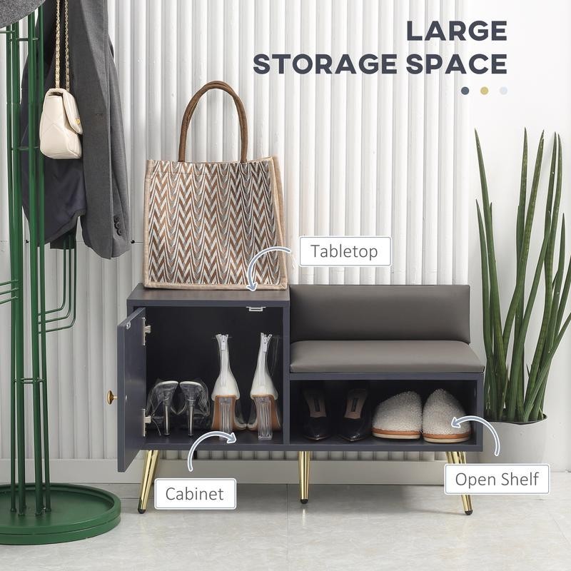 Grey Shoe Storage Bench with Cushion, Compact Hallway Entryway Cabinet