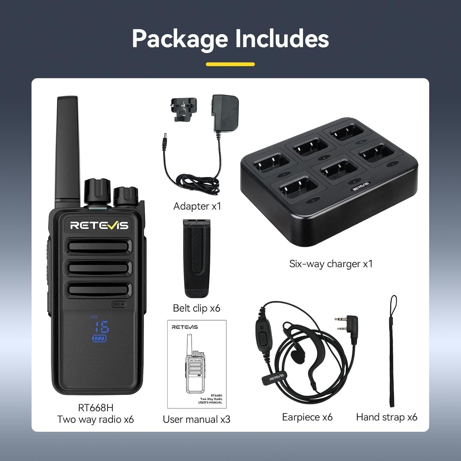 Walkie Talkies 6 Pack Long Range 2 Way Radio w/ Screen Charger VOX