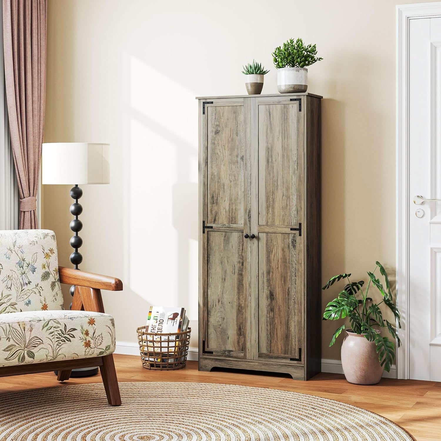 Farmhouse Tall Kitchen Cupboard Grey Wood Storage Cabinet Adjustable