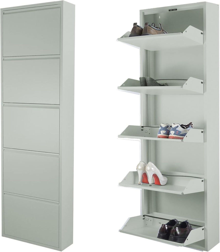 Tall Slim Shoe Storage Cabinet Grey – 5-Tier Metal Wall Mounted Rack